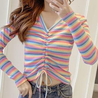 Long-sleeve V-neck Drawstring Striped Top