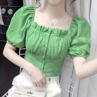 Off-shoulder  Puff-sleeve Plain Ruched Chiffon Cropped Shirt