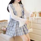 Set: Frilled Trim Chiffon Blouse + Plaid Pleated Skirt + Plaid Vest