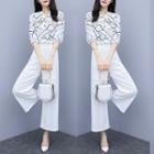 Set: Printed Elbow-sleeve Blouse + Cropped Wide Leg Pants