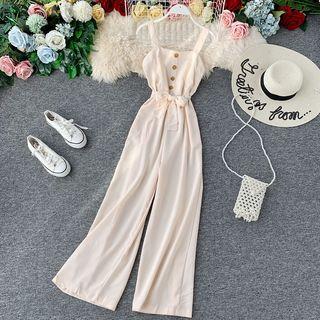 Sleeveless Buttoned Wide-leg Playsuit Almond - One Size
