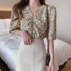 Floral Print Ruched Elbow-sleeve Blouse