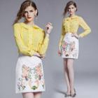 Set: Ruffled Blouse + Floral Embroidered A-line Skirt