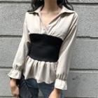 V-neck Long-sleeve Top Khaki Almond - One Size