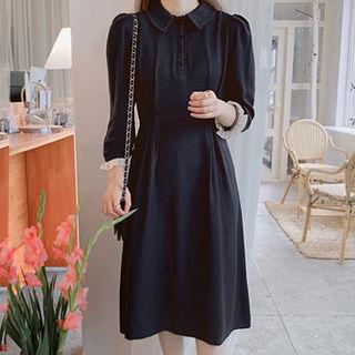 Half-placket Frilled-sleeve A-line Dress Dark Navy Blue - One Size