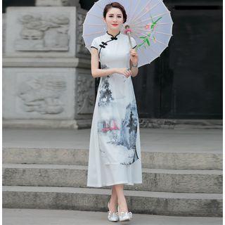 Print Cap-sleeve A-line Midi Qipao