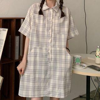 Short-sleeve Plaid Pocket-detail Mini Dress