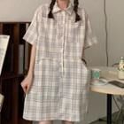 Short-sleeve Plaid Pocket-detail Mini Dress