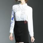 Set: Floral Print Shirt + Ruffle Hem Skirt