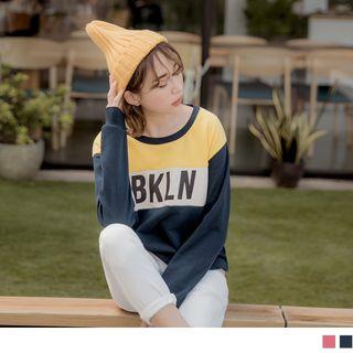 Color Block Drawstring Hem Lettering Pullover