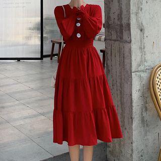 V-neck Flare-cuff Midi A-line Dress