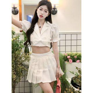 Puff-sleeve Cropped Shirt / High-waist Pleated Mini Skirt