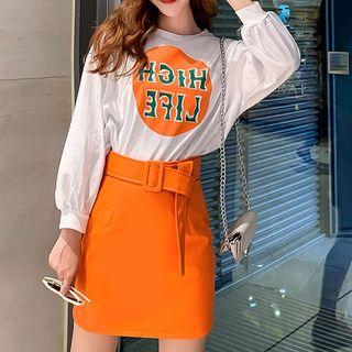 Set: Lettering Balloon-sleeve T-shirt + Belted Faux Leather A-line Skirt