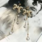 Rhinestone Bow Faux Pearl Dangle Earring 1 Pair - Silver Needle - Faux Pearl & Bow - Gold - One Size