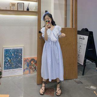 Ruffle Short-sleeve Midi A-line Dress Blue - One Size