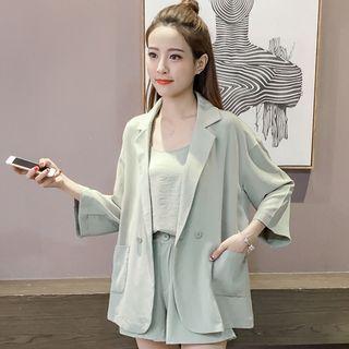 Set: Camisole Top + Double-breasted Blazer + Wide Leg Shorts