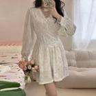 Puff-sleeve A-line Lace Dress White - One Size