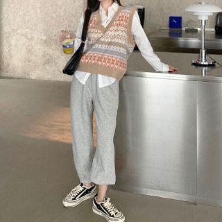 V-neck Pattern Knit Vest / Long Sleeve Plain Shirt / Pants