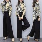 Set: 3/4-sleeve Printed Blouse + Wide-leg Pants