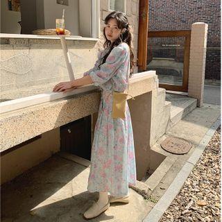 Buttoned Rosette Long Dress Light Blue - One Size