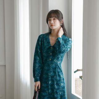 Puff-sleeve Leaf Print Midi A-line Dress