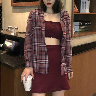 Mini A-line Skirt / Smocked Tube Top / Plaid Shirt / Set