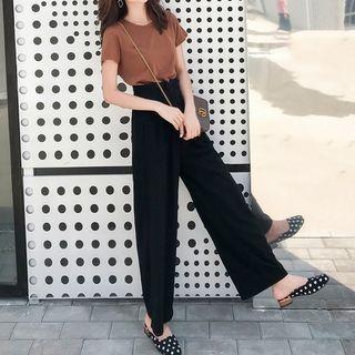 Set: Crew-neck Short-sleeve T-shirt + High-waist Wide-leg Pants