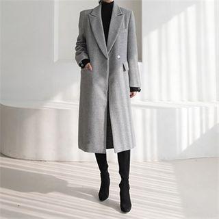 Peaked-lapel Wool Blend Long Coat With Belt