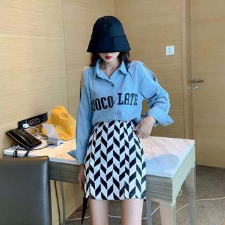 Slit-shoulder Letter Print Shirt Light Blue - One Size