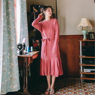 Long-sleeve Sashed Midi Knit Dress