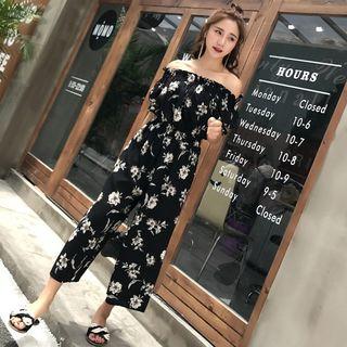 Off Shoulder Short-sleeve Floral Jumpsuit