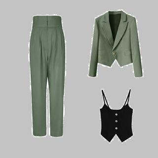 Single-button Blazer / Button-up Camisole Top / Straight Leg Pants