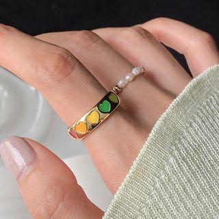 Set Of 2: Faux Pearl / Heart Alloy Ring Set Of 2 - 0787a - Multicolor Heart & Pearl White - One Size