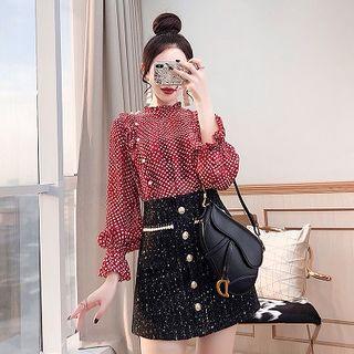 Set: Dotted Bell-sleeve Blouse + Mini A-line Tweed Skirt