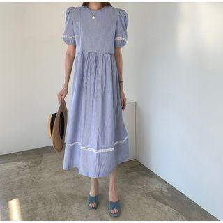 Puff-sleeve Striped Midi A-line Dress Blue - One Size