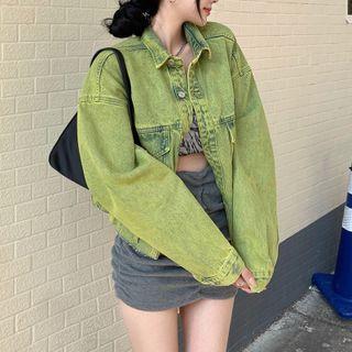 Cropped Denim Jacket Green - M