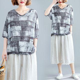 V-neck Print Short-sleeve T Shirt Gray - L