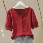 Ruffle Short-sleeve V Neck Lace Trim Panel Plain Loose Fit Shirt