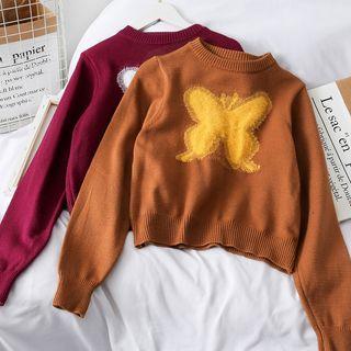 Butterfly-embroidered Crop Knit Top