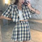 Set: Short-sleeve Plaid Double-breasted Blazer + A-line Skirt