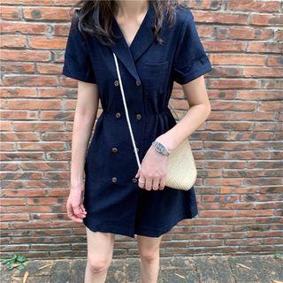 Double Breasted Short-sleeve A-line Dress Navy Blue - One Size
