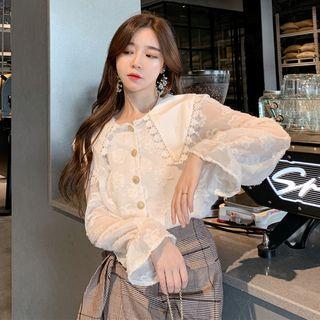 Long-sleeve Wide Collar Feathered Buttoned Top