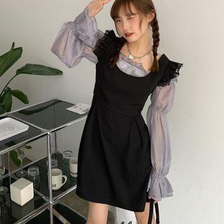 Off-shoulder Ruffle Blouse / Lace Trim Mini Overall Dress