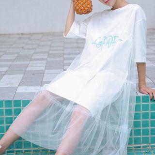 Elbow-sleeve Mesh Midi T-shirt Dress