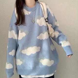 Long-sleeve T-shirt / Cloud Print Knit Vest / Set