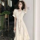 Puff-sleeve Floral Embroidered Midi A-line Lace Dress
