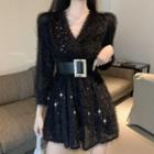 Long-sleeve Fringed Trim Mini Dress