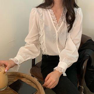 V-neck Lace-trim Blouse As Shown In Figure - One Size