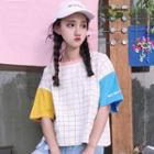 Short-sleeve Color Block Plaid T-shirt As Shown In Figure - One Size