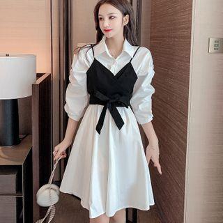 Set: Long-sleeve Plain Shirt Dress + Sleeveless Bow-accent Cropped Vest